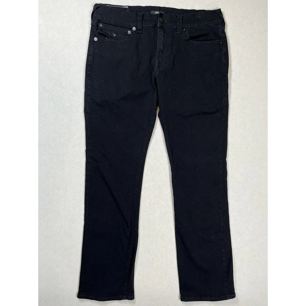 True Religion Men's Black Ricky Relaxed Straight Jeans Sz 34 Flap Pockets Preppy